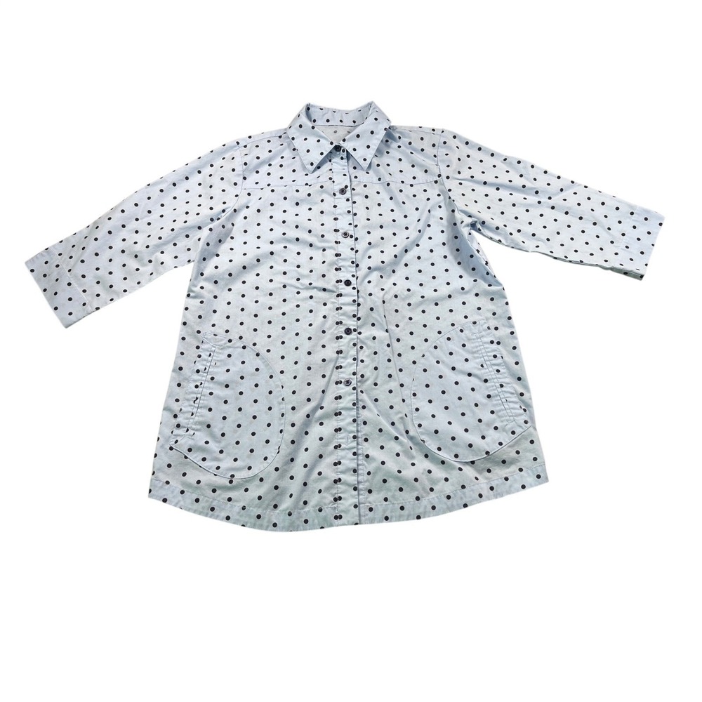 Joan Rivers Medium Blue Polka Dot Button Front Tunic Shirt Jacket Patch Pocket
